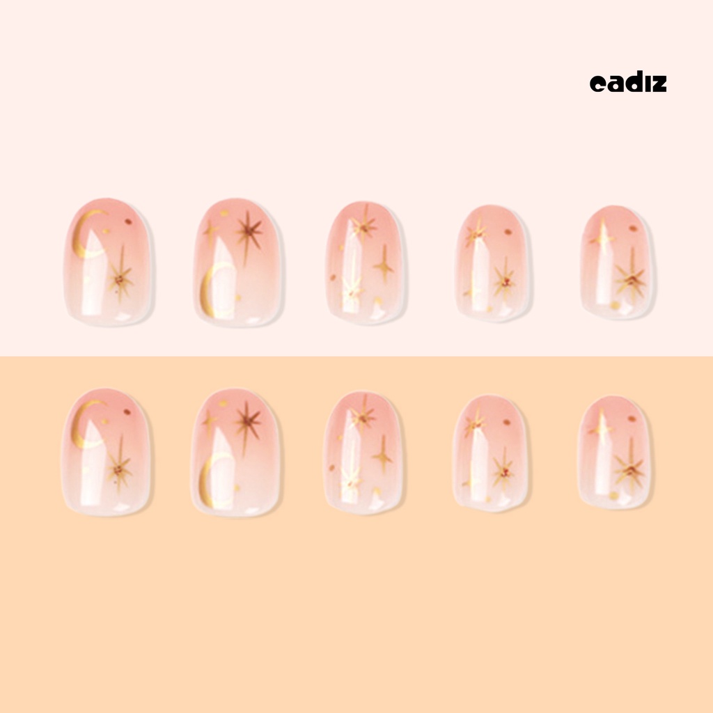 Bộ 24 Móng Tay Giả Hình Vuông Ngắn Đính Ngôi Sao / Mặt Trăng Màu Vàng Bóng Có Keo Dán Trang Trí Toàn Diện DIY