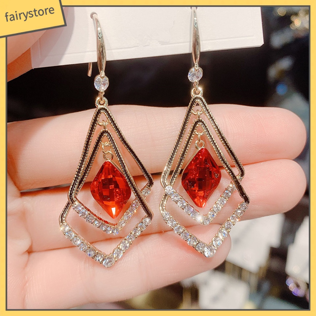 1 Đôi Bông Tai Hình Thoi Hai Lớp Đính Đá Lấp Lánh Dành Cho Nữ