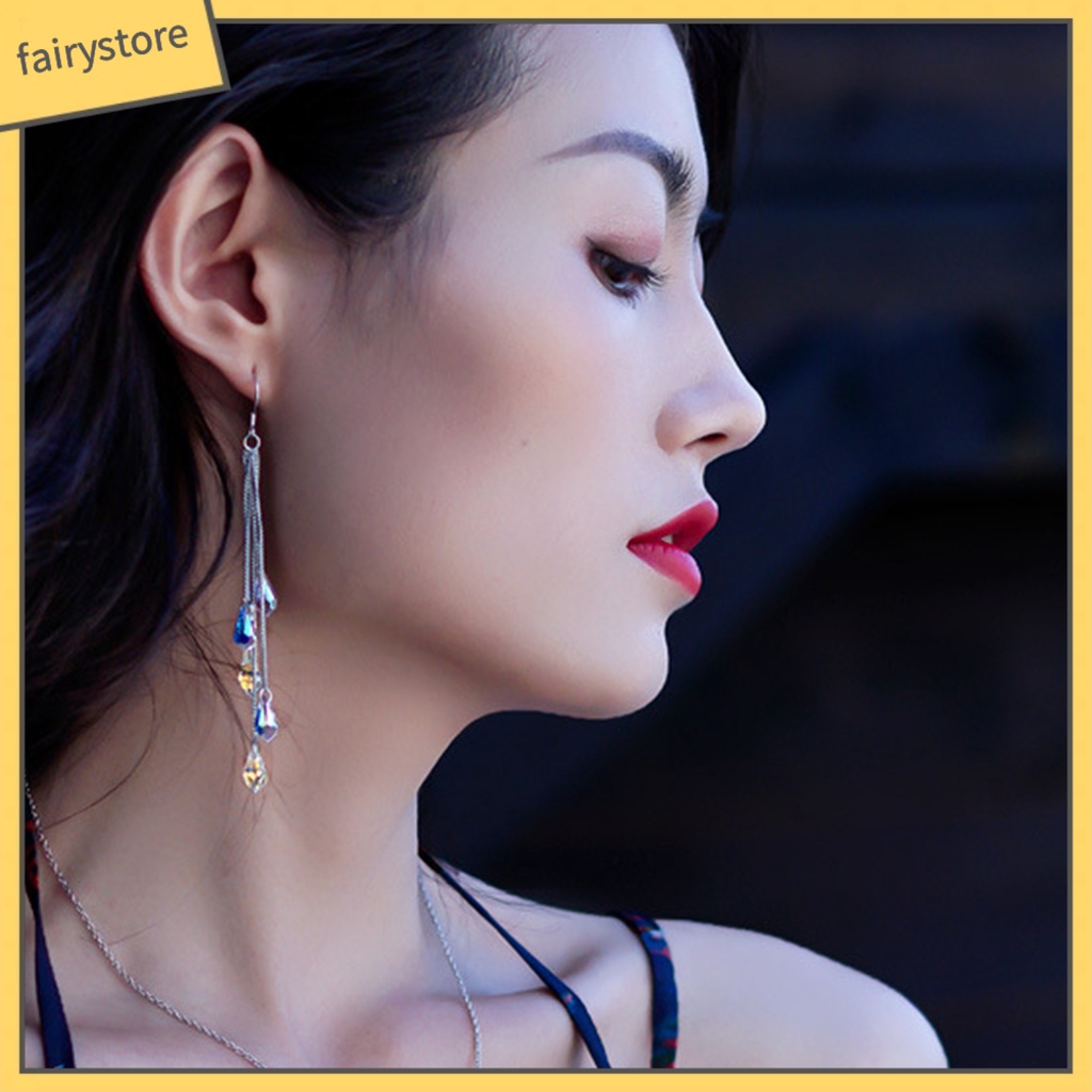 1 Đôi Bông Tai Dáng Dài Đính Pha Lê Lấp Lánh Thời Trang