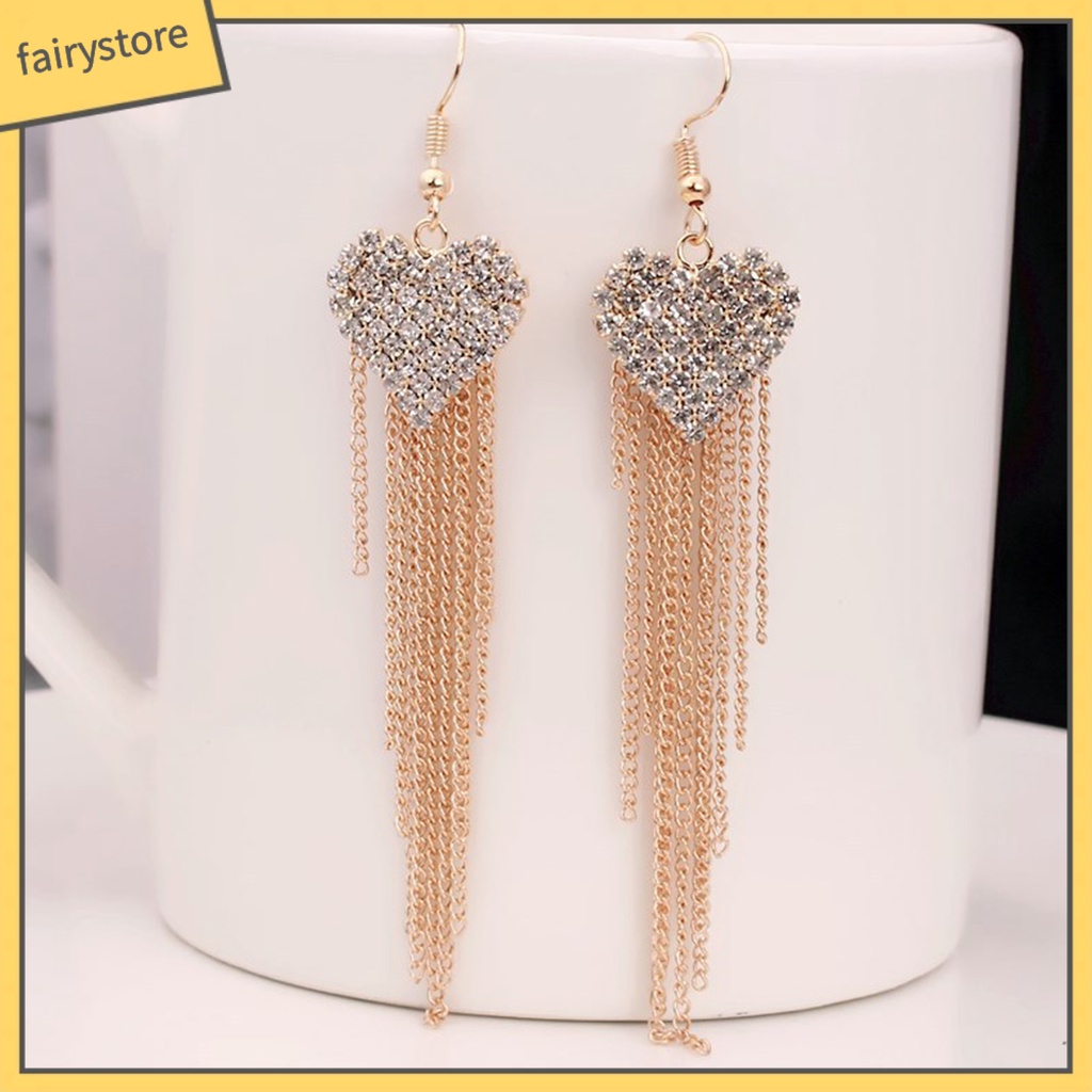 Bông Tai Dài Hình Trái Tim Đính Đá Lấp Lánh Thời Trang Cho Nữ