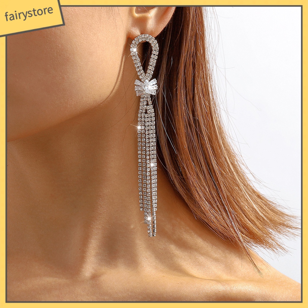 1 Đôi Bông Tai Tua Rua Dài Đính Đá Lấp Lánh Thời Trang