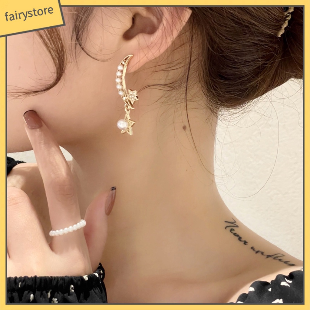 1 Đôi Bông Tai Hình Mặt Trăng / Ngôi Sao Dáng Dài Thiết Kế Tối Giản Thời Trang Dự Tiệc