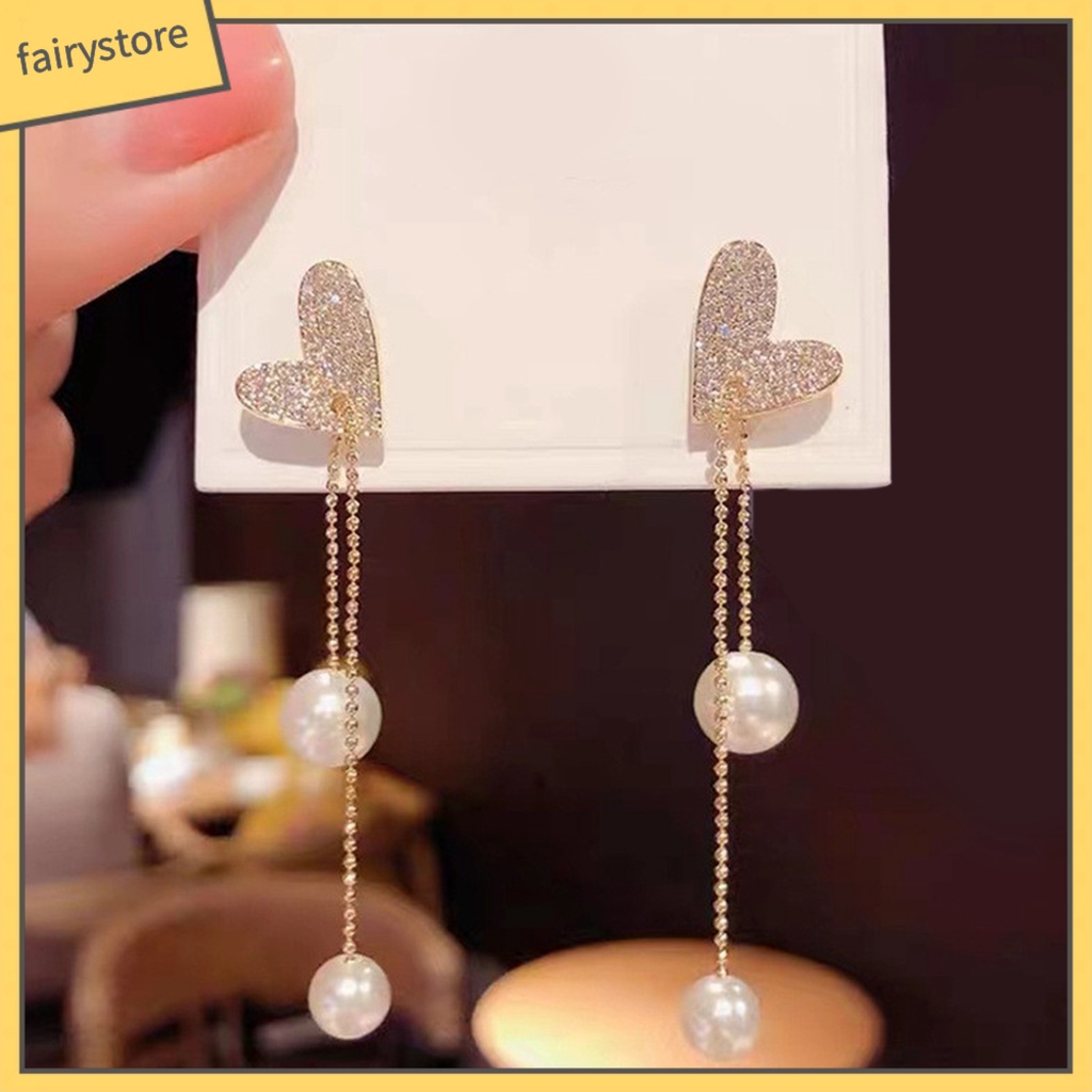 [FRO] Bông Tai Thả Dây Dài Hình Trái Tim Đính Kim Cương Giả Lấp Lánh Thanh Lịch Cho Nữ