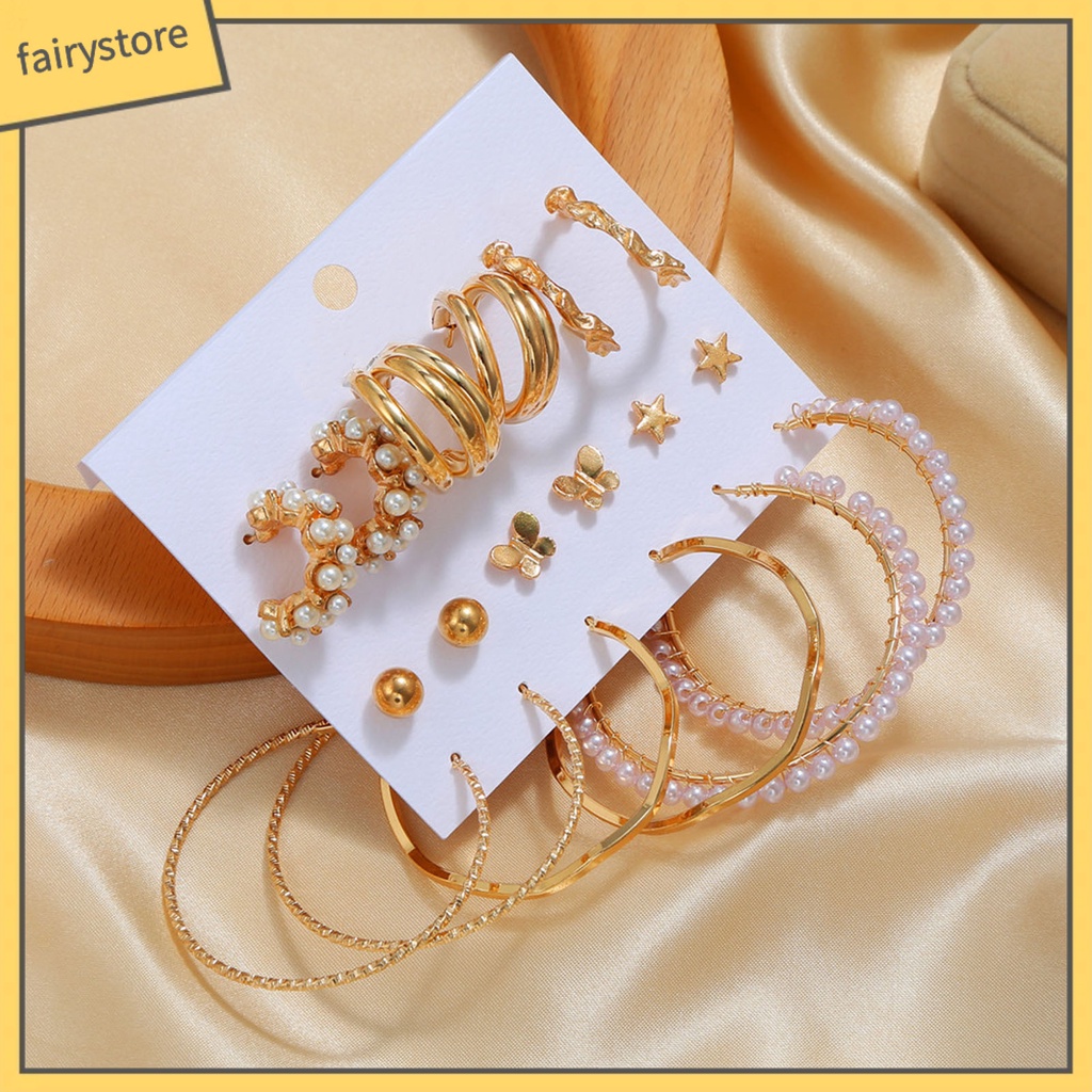 Set 9 Đôi Bông Tai Hợp Kim Dạng Vòng Đính Ngọc Trai Giả Thanh Lịch Cho Nữ