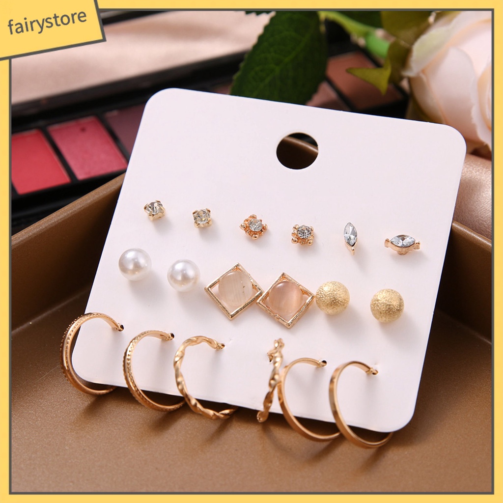 Set 9 Đôi Bông Tai Đính Đá / Ngọc Trai Giả Lấp Lánh Thời Trang Cho Nữ