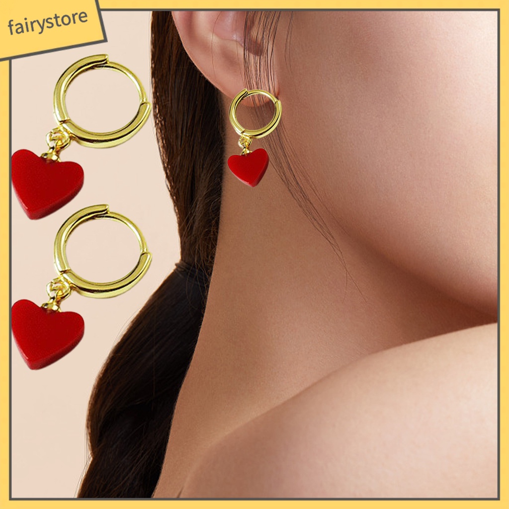 1 Đôi Bông Tai Hình Trái Tim Đỏ Viền Mịn Phong Cách Hàn Quốc Dành Cho Nữ