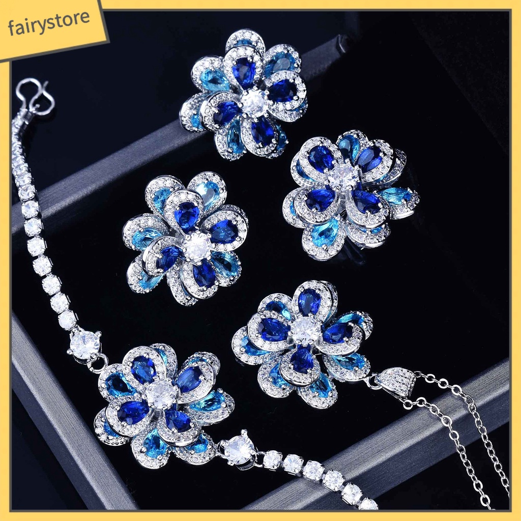 [FRO] Trang Sức Gồm Nhẫn / Bông Tai / Vòng Tay Đính Đá Zircon Hình Hoa Trà Nhiều Màu Lấp Lánh Cho