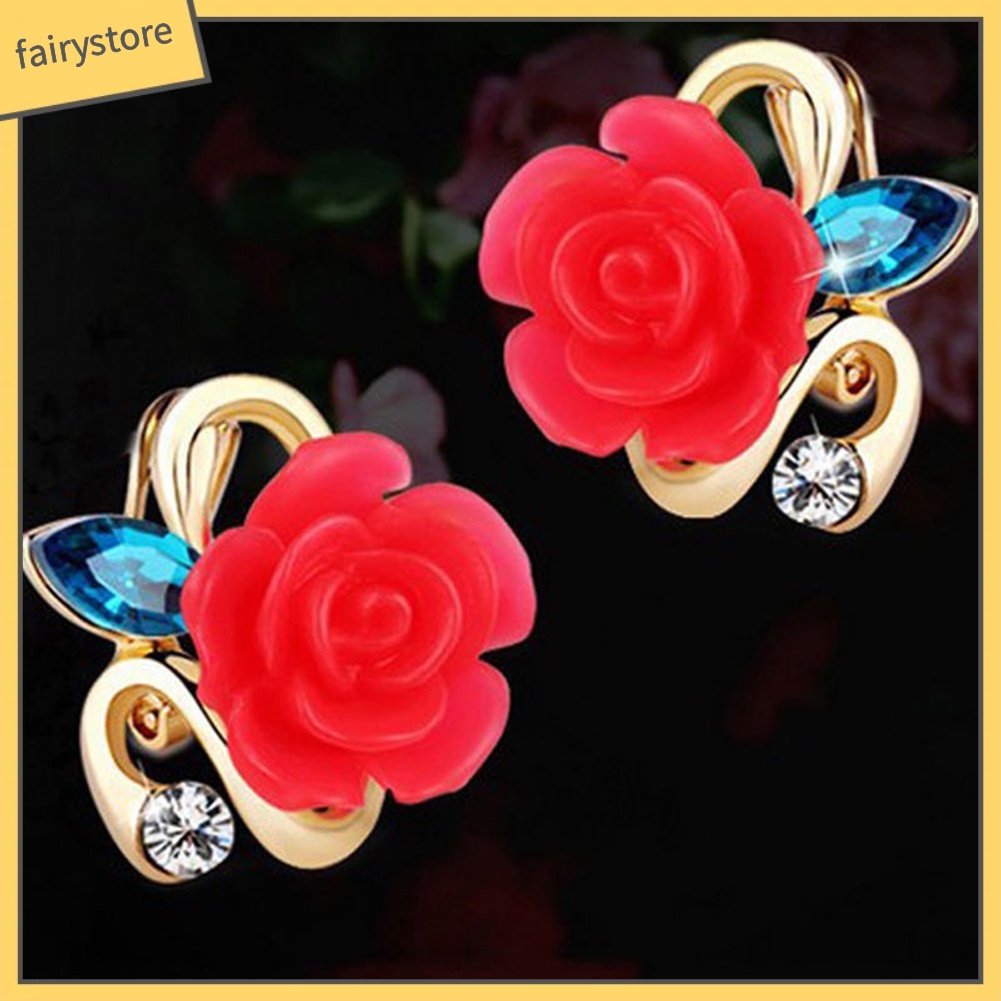 1 Đôi Bông Tai Hình Hoa Hồng Đính Đá Phong Cách Retro Dành Cho Nữ