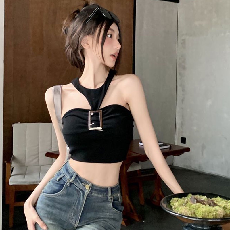 Xin LAN YA SHE Áo Hai Dây Ôm Dáng Hở Lưng Khóa Kim Loại Màu Đen Có Gia Vị Cho Nữ