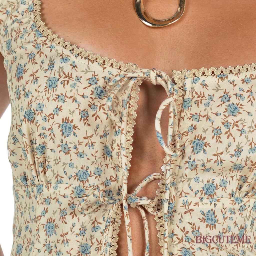 Áo Croptop Sát Nách Dáng Ôm Cột Dây Trước In Họa Tiết Hoa Thời Trang Mùa Hè Cho Nữ