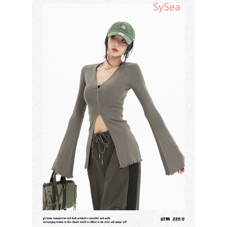 Áo Kiểu Tay Loe Cổ Chữ V Phối Khóa Kéo Thời Trang Mùa Hè Cho Nữ