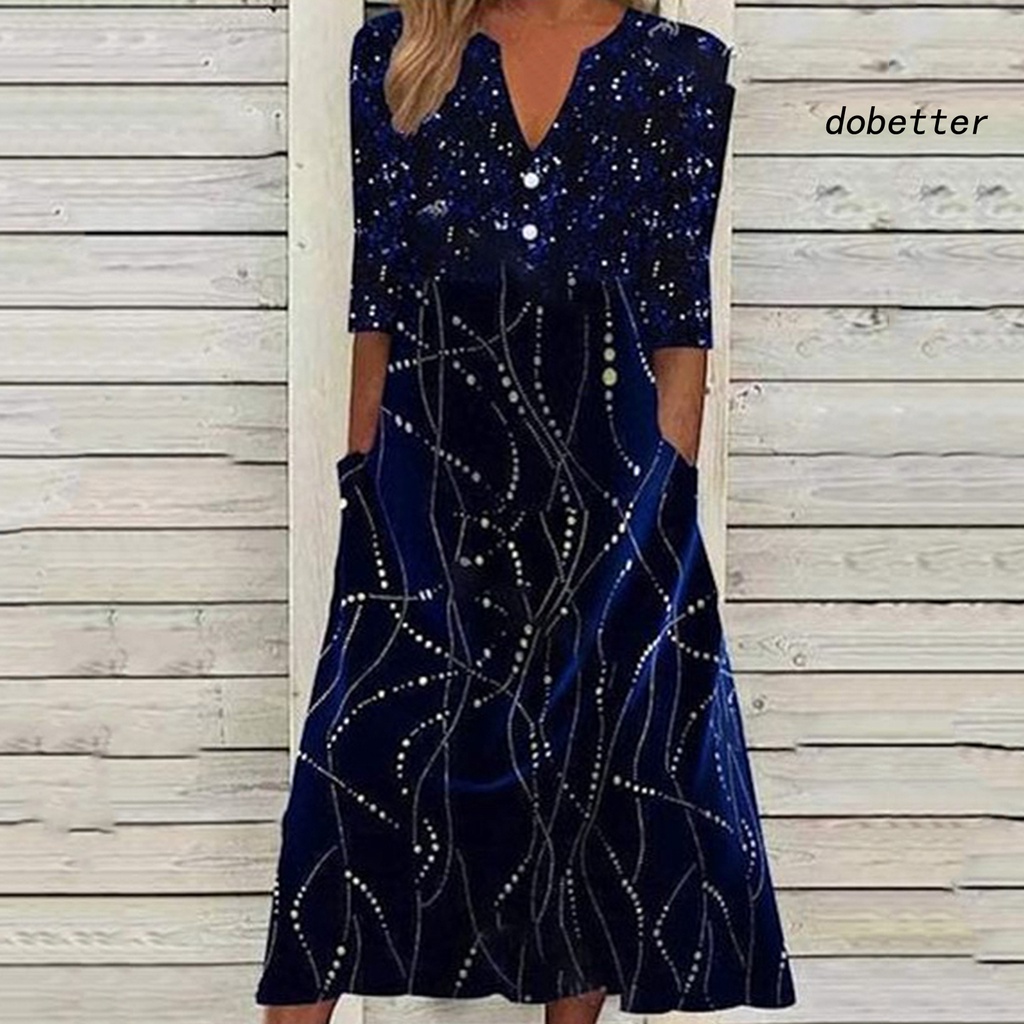 Đầm Dài Cổ Chữ V Kẻ Sọc Phối Nút Trang Trí Có Túi Thời Trang Cho Nữ