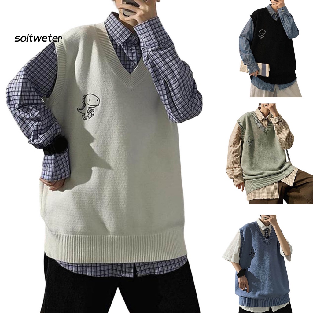 Áo Sweater Sát Nách Cổ Chữ V Dáng Rộng In Họa Tiết Khủng Long Hoạt Hình Giữ Ấm Mùa Đông Cho Nam