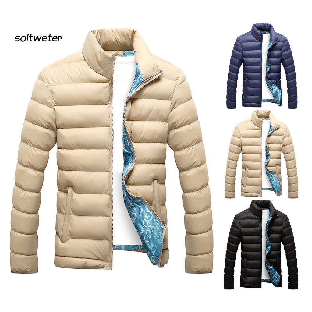 Áo Khoác Phao Dày Dặn Cổ Đứng Màu Trơn Giữ Ấm Mùa Đông Cho Nam