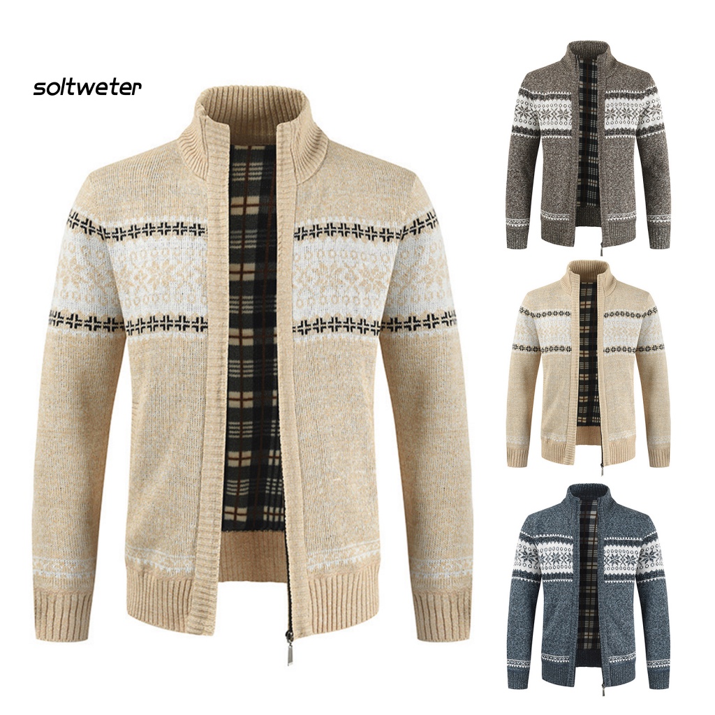 Áo Khoác Sweater Dệt Kim Cổ Đứng In Họa Tiết Kiểu Vintage Thời Trang Mùa Đông Cho Nam