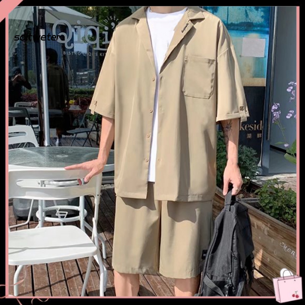 1 Bộ Áo Cổ Bẻ Màu Trơn Phối Quần Short Mỏng Thời Trang Đi Biển Mùa Hè Cho Nam