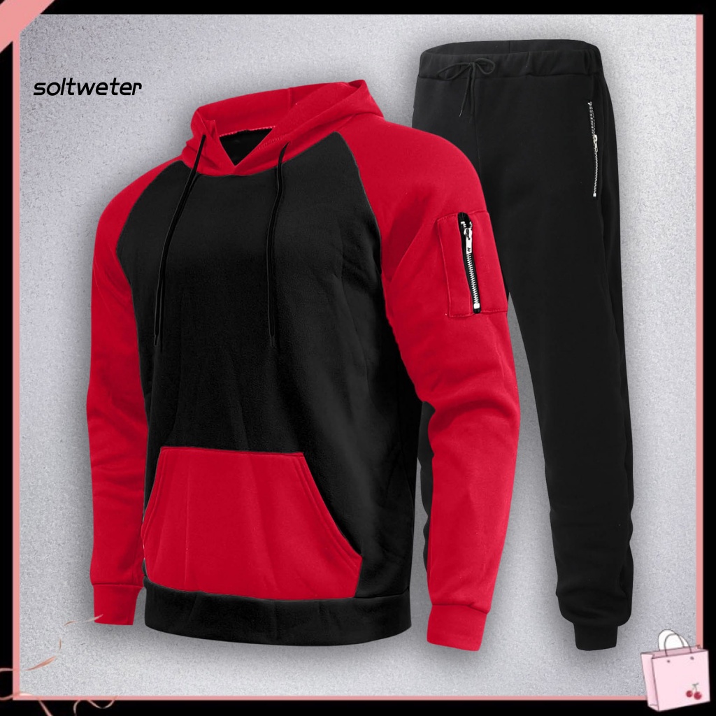 Bộ 2 Món Áo Sweater Tay Dài Có Nón + Dây Rút + Túi Lót Lông Cừu Giữ Ấm Màu Sắc Tương Phản