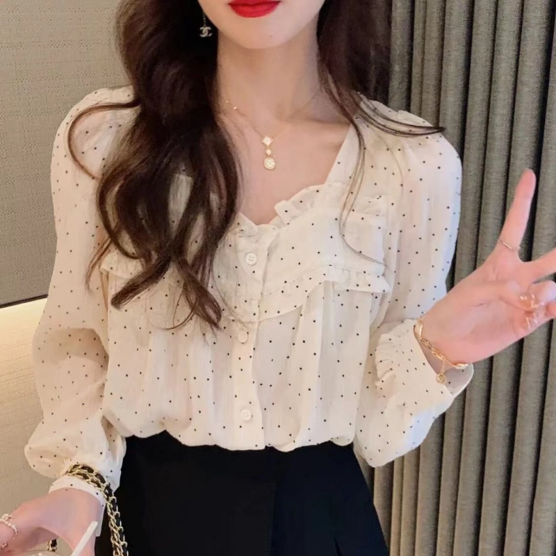 Áo Chiffon Nữ Tay Dài Phối Ren Họa Tiết Chấm Bi Thời Trang