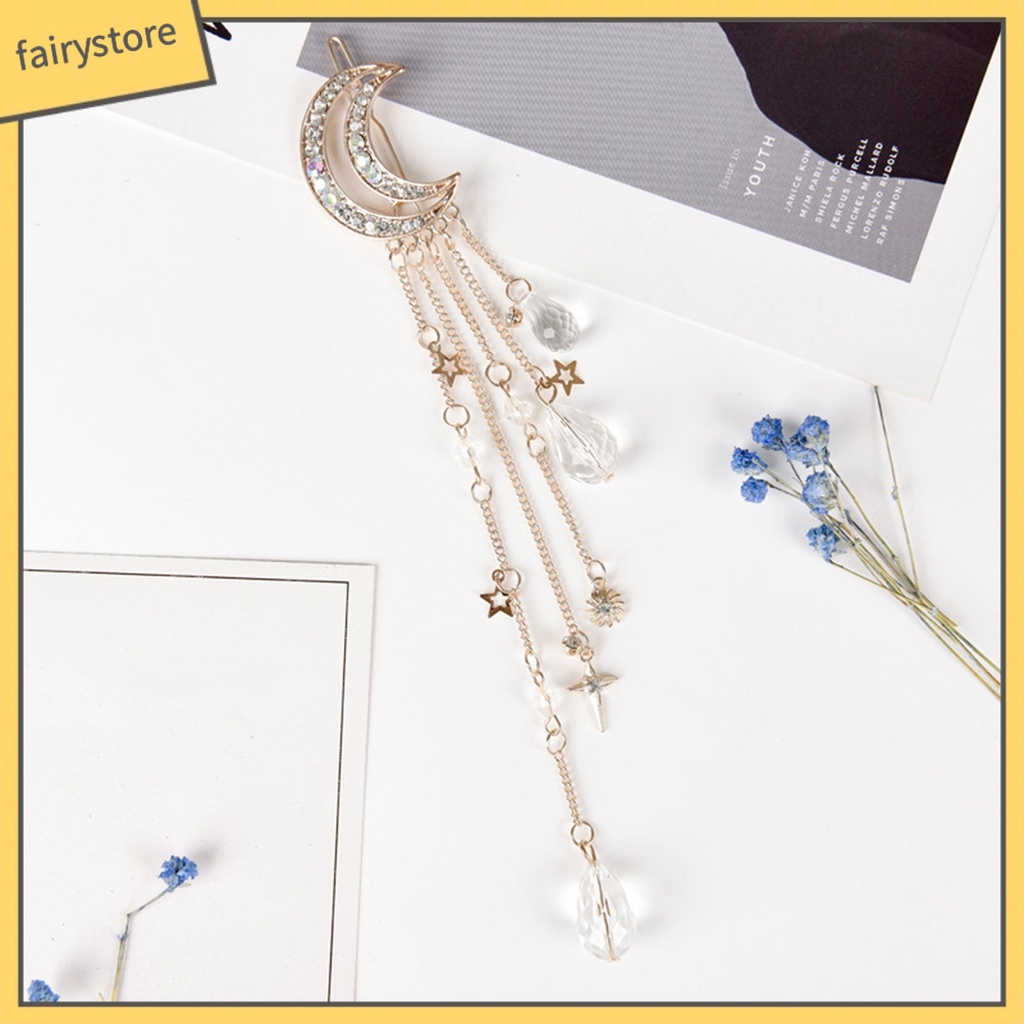 Kẹp Tóc Hình Trăng Sao Đính Đá Phối Tua Rua Thời Trang Cho Nữ