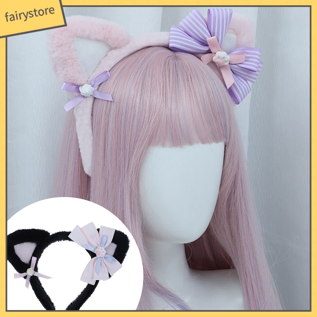 Băng Đô Cài Tóc Tai Mèo Hoạt Hình Phối Lông Chống Trượt Dành Cho Nữ