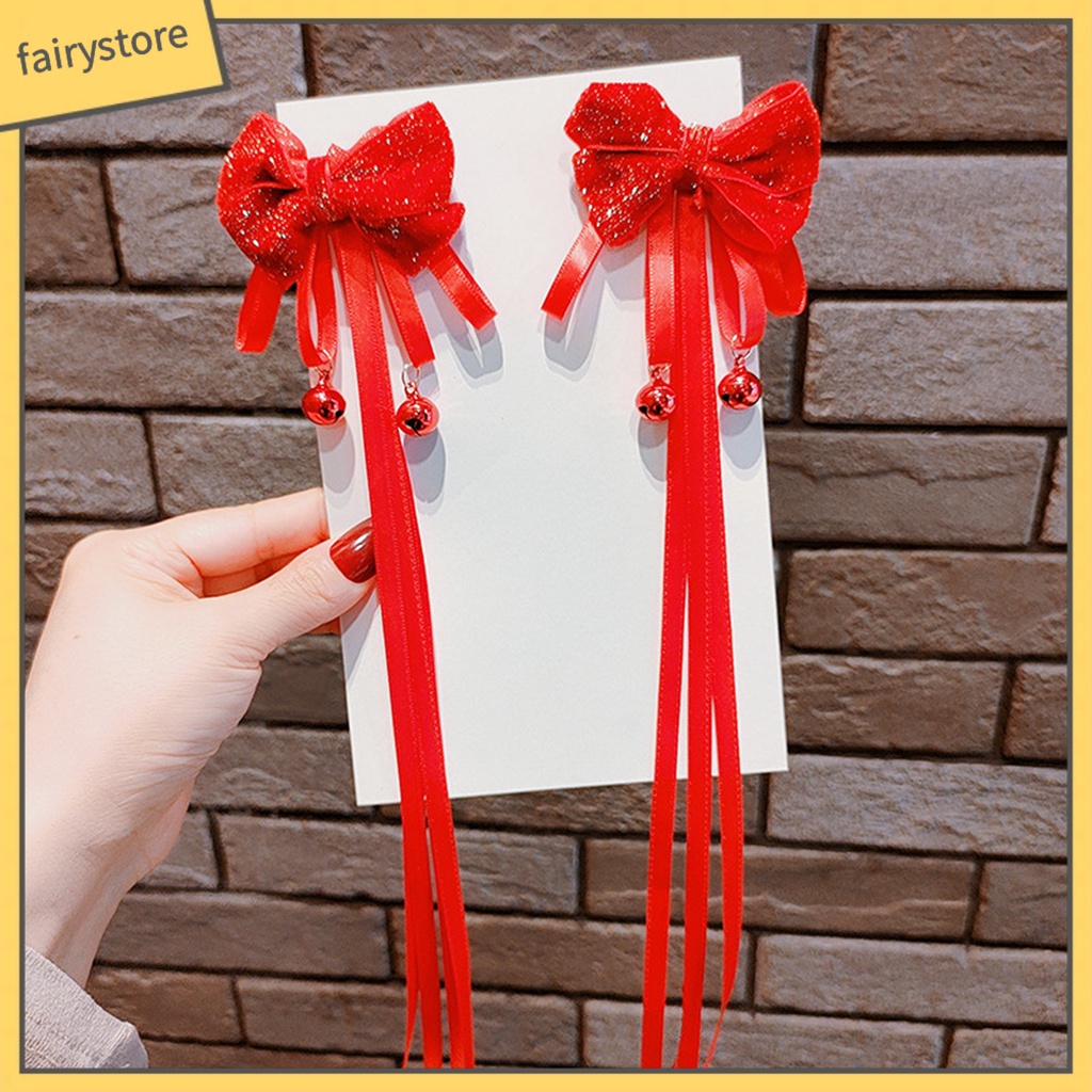 1 Cặp Kẹp Tóc Nơ Ruy Băng Dài Màu Đỏ Dễ Thương Có Chuông Thanh Lịch Dành Cho Bé Gái Mặc Trong Năm Mới