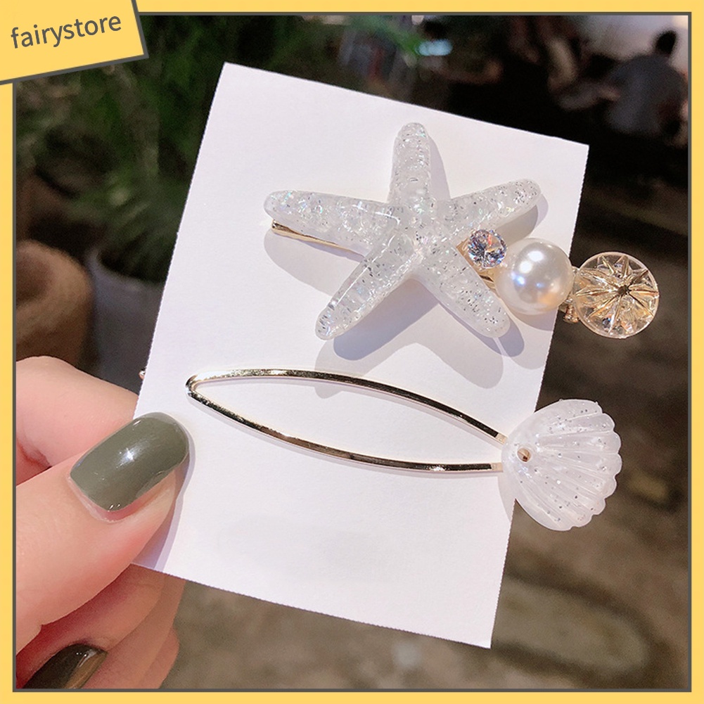 Set 2 Kẹp Tóc Hình Vỏ Sò / Sao Biển Đính Ngọc Trai Giả Thời Trang Cho Nữ