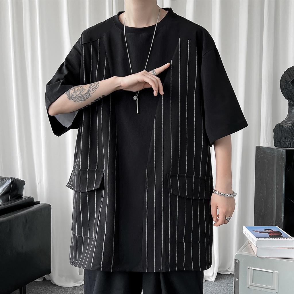 Áo Thun Tay Ngắn Dáng Rộng Plus Size Họa Tiết Kẻ Sọc Thời Trang Mùa Hè Cho Nam