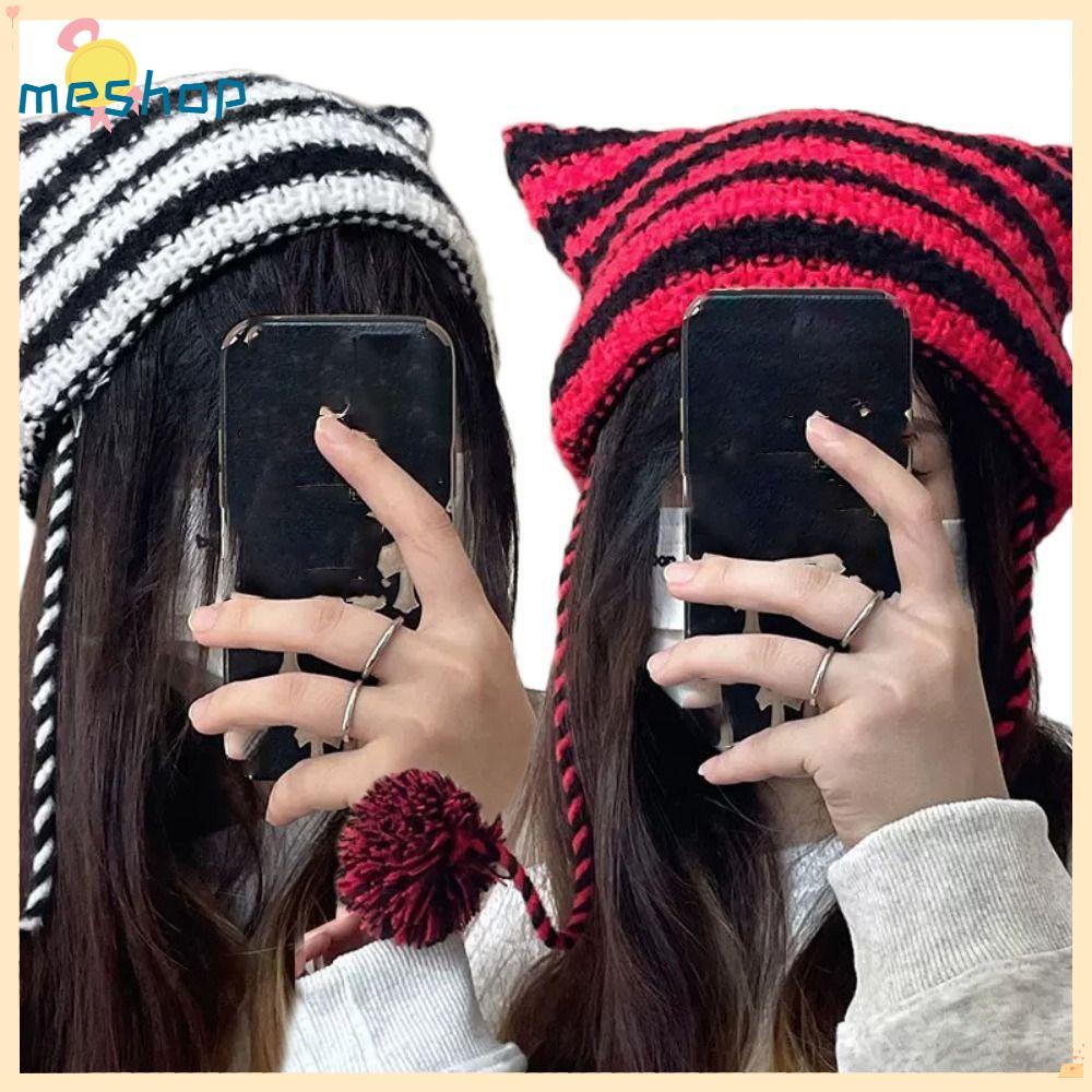 Mũ Len Beanie Đính Tai Quỷ Phong Cách Nhật Bản