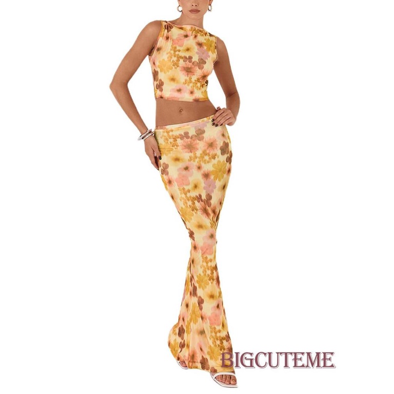 [] - Set 2 Món Áo Cổ Tròn Không Tay In Hoa + Chân Váy Dài Eo Thấp Cho Nữ