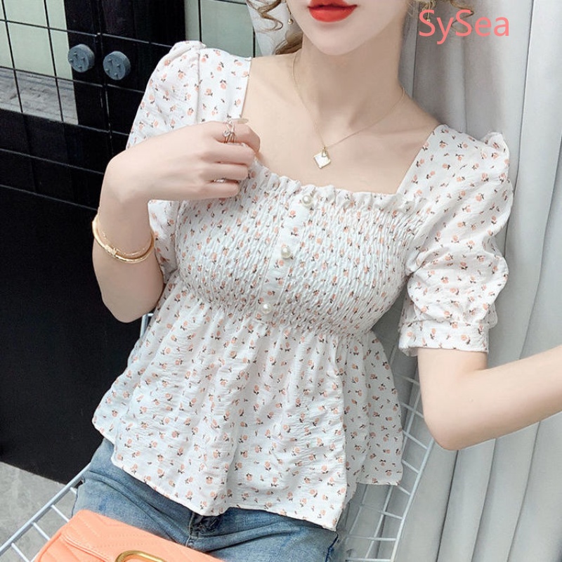 Áo Kiểu Cổ Vuông Họa Tiết Hoa Xinh Xắn Thời Trang Mùa Hè Cho Nữ