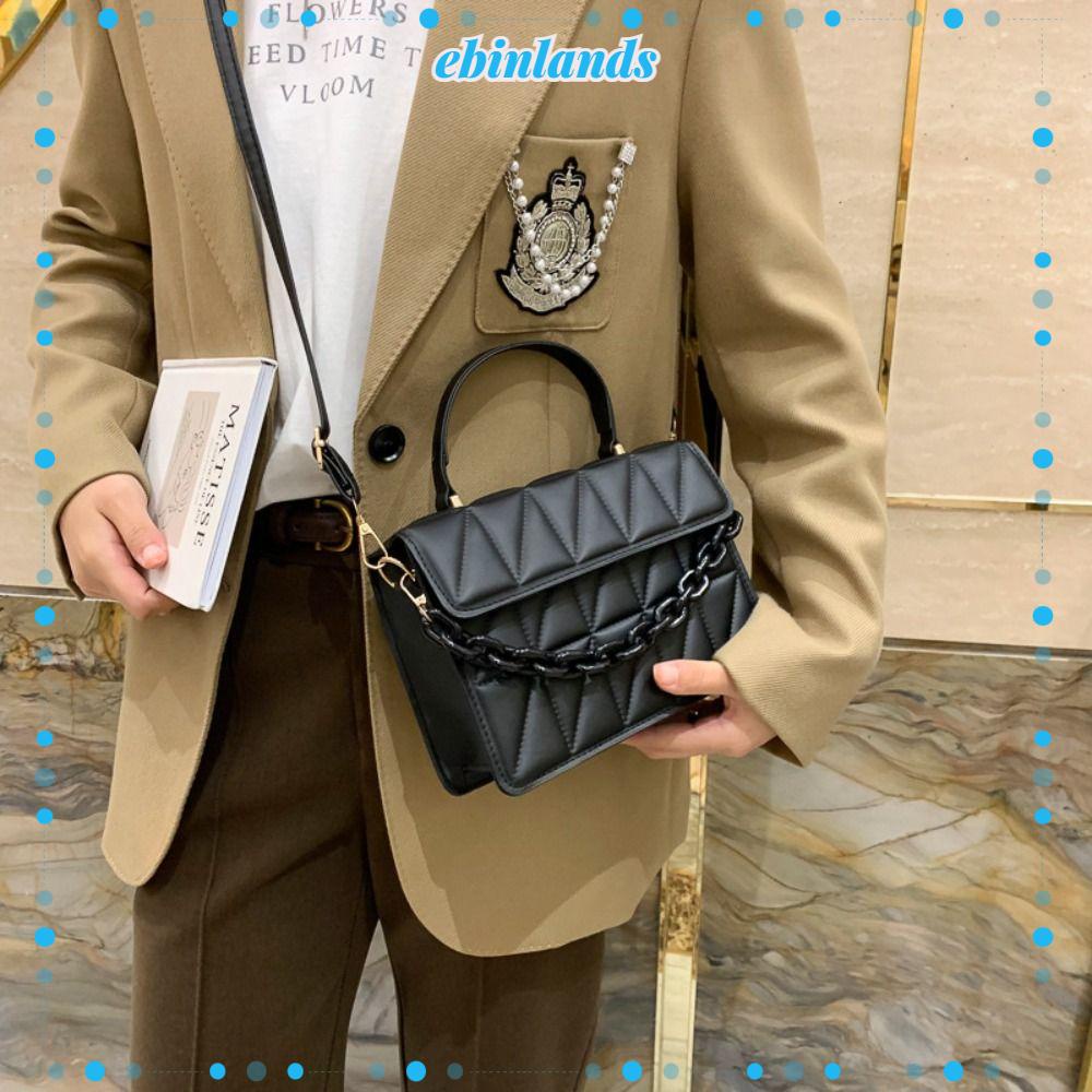 Ebinlands Túi Xách Đeo Vai Nắp Gập Họa Tiết Kẻ Sọc Thương Hiệu Thời Trang Phối Dây Xích