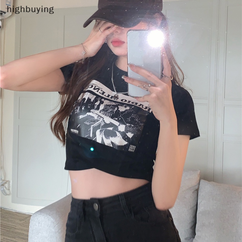 Áo Thun Lửng Ngắn Tay Cổ Tròn In Họa Tiết Kiểu Retro Mỹ Cho Nữ