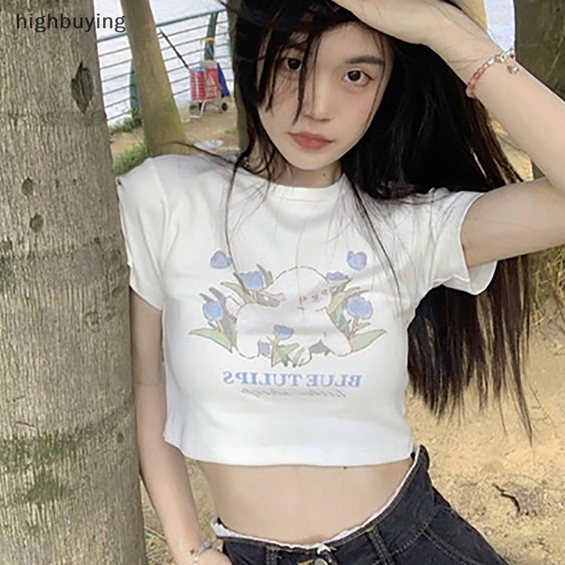 Áo Thun Lửng Tay Ngắn Cổ Tròn In Hình Cừu Hoạt Hình Phong Cách Retro Mỹ Cho Nữ