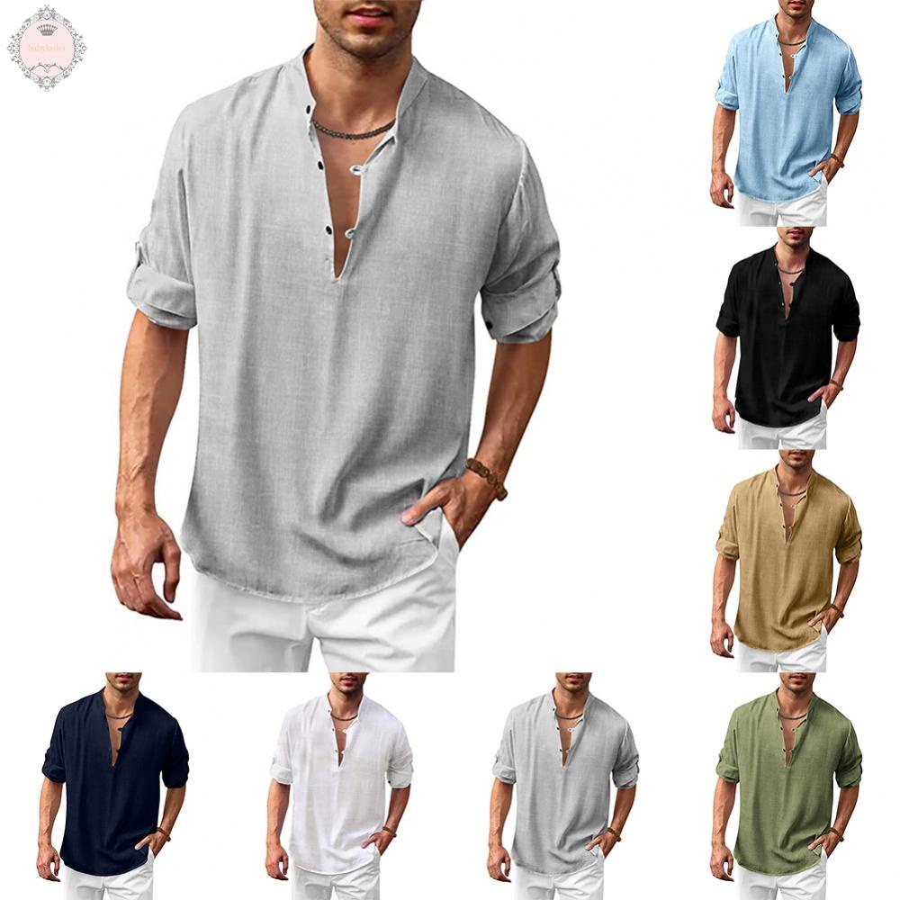 Comfortable Cotton Blend Men's Button Down Henley V Neck Long Sleeve Loose Shirt Tops