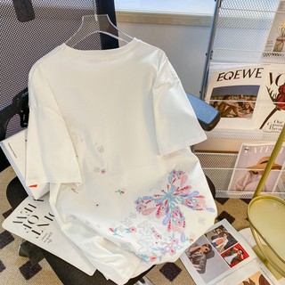 Áo Thun Cotton Trơn Tay Ngắn Dáng Rộng Thêu Họa Tiết Dân Tộc Phong Cách Hàn Quốc Thời Trang Mùa Hè Cho Nữ 1-150kg