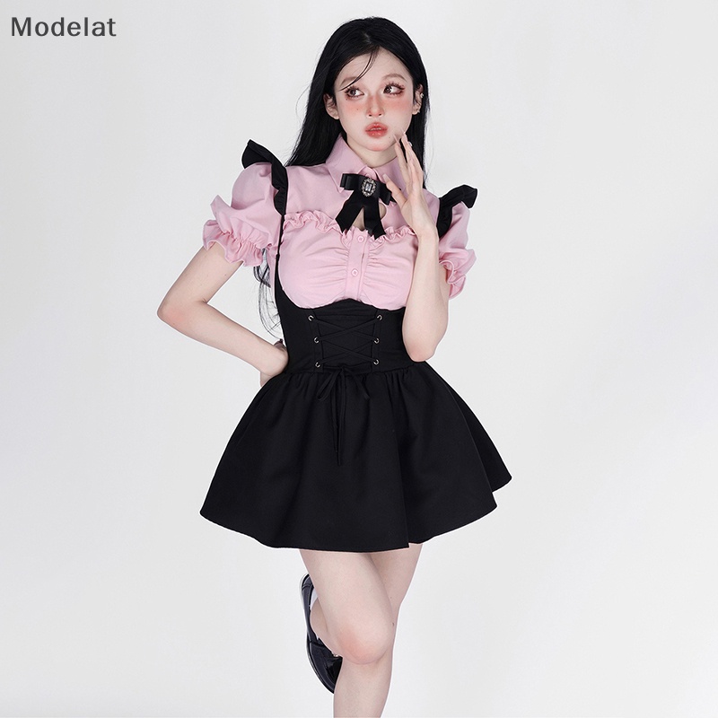 Set Đồ 2 Món Gồm Áo Tay Phồng Họa Tiết Trái Tim Rỗng + Đầm Mini Hai Dây Màu Đen Dễ Thương Cho Bạn Gái