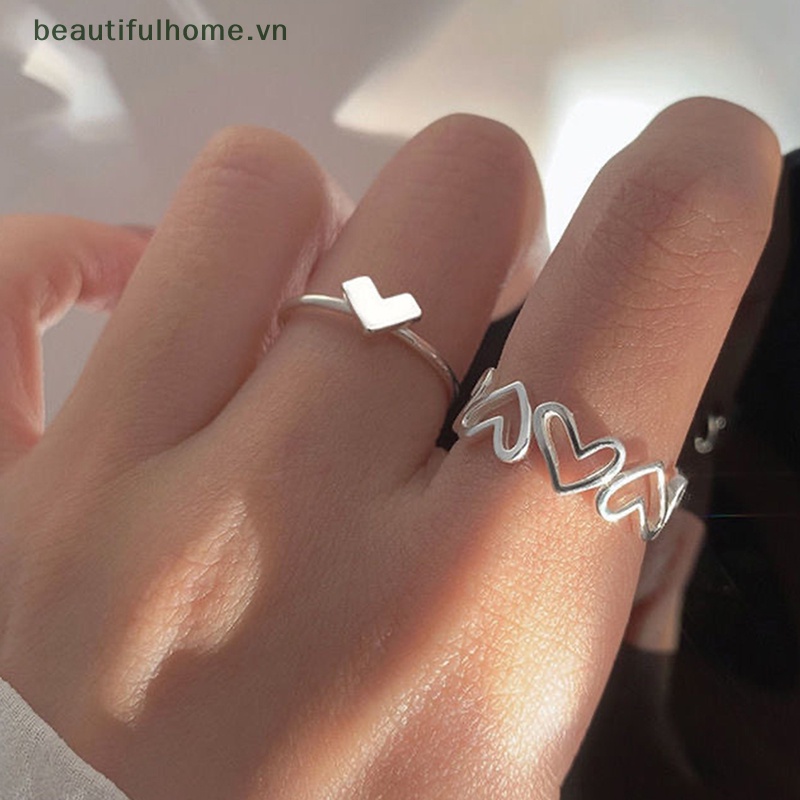 1 Bộ Nhẫn Dạng Hở Màu Bạc Hình Trái Tim Cá Tính Thời Trang Có Thể Điều Chỉnh