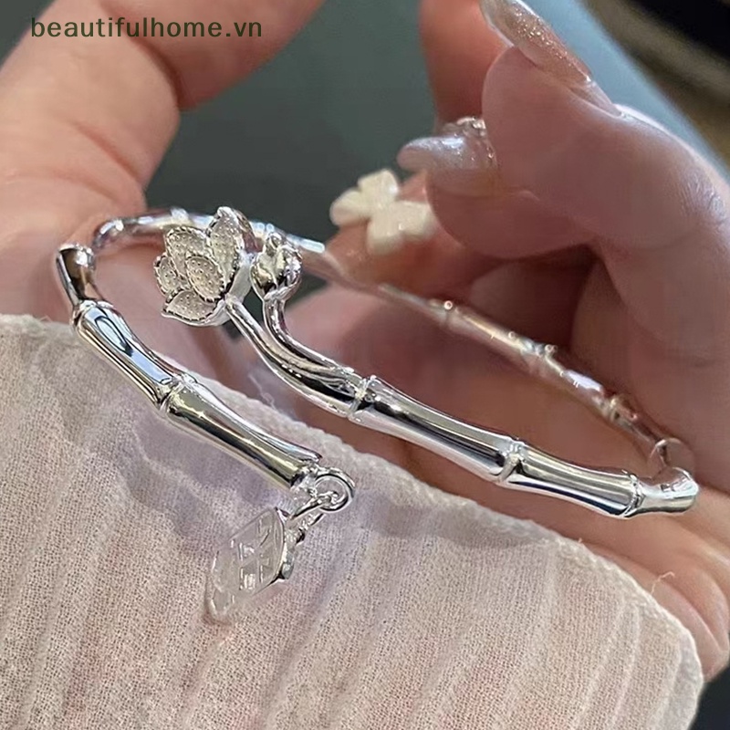 [beautifulhome] Vòng Đeo Tay Dạng Hở Bằng Tre May Mắn Mặt Chữ Lucky Màu Bạc Có Thể Điều Chỉnh Trang Sức Thời Trang Cho Nữ [beauty]