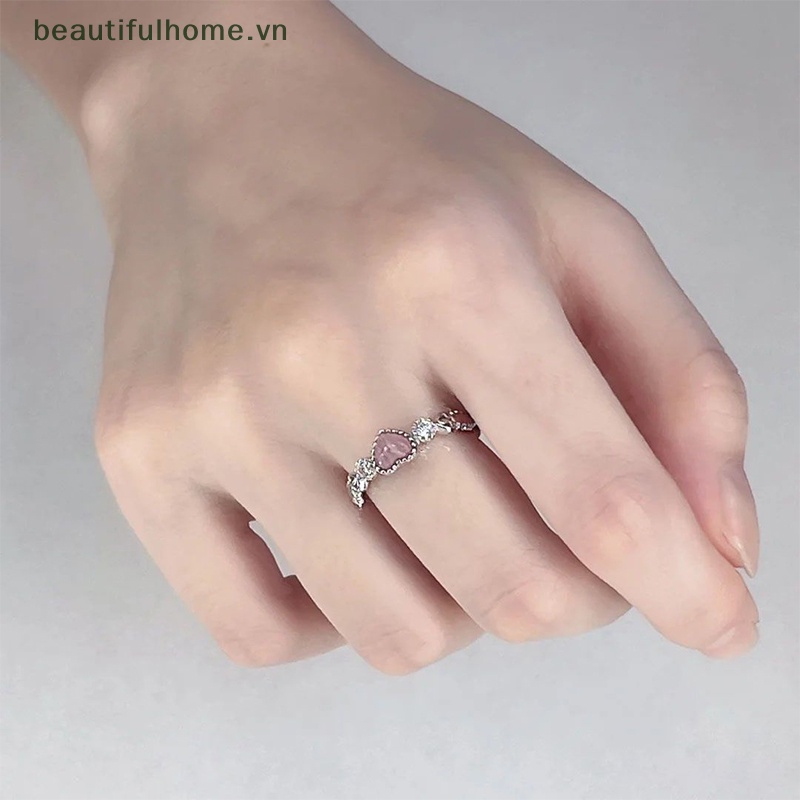 Nhẫn Bạc Đính Đá Opal Hình Trái Tim Màu Hồng Phong Cách Punk Dễ Thương Sáng Tạo Dành Cho Nữ