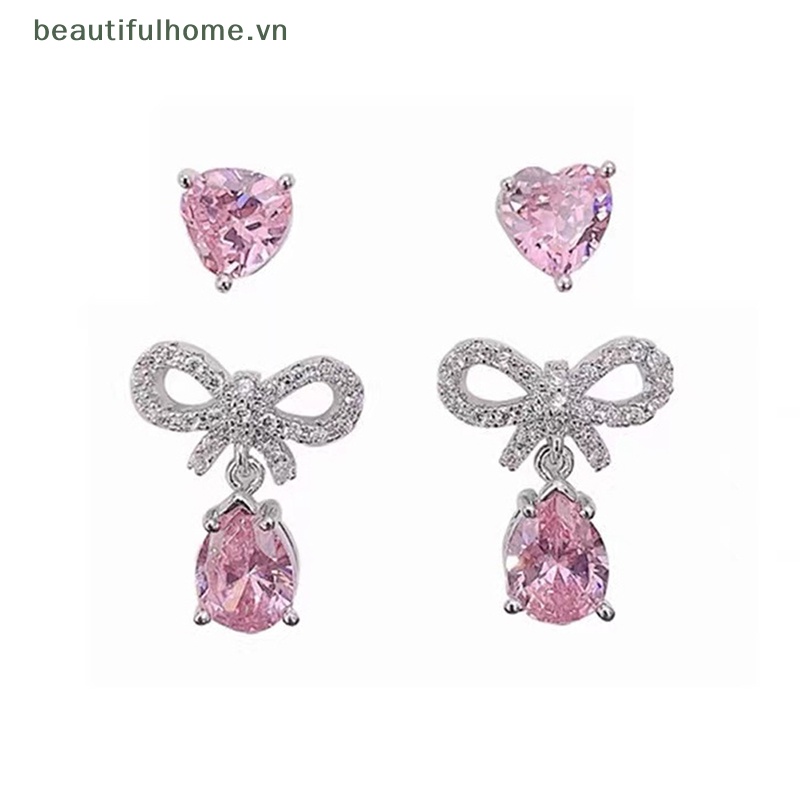 Set 1 / 2 Đôi Bông Tai Đính Đá Zircon Hồng Hình Giọt Nước Thanh Lịch Cho Nữ