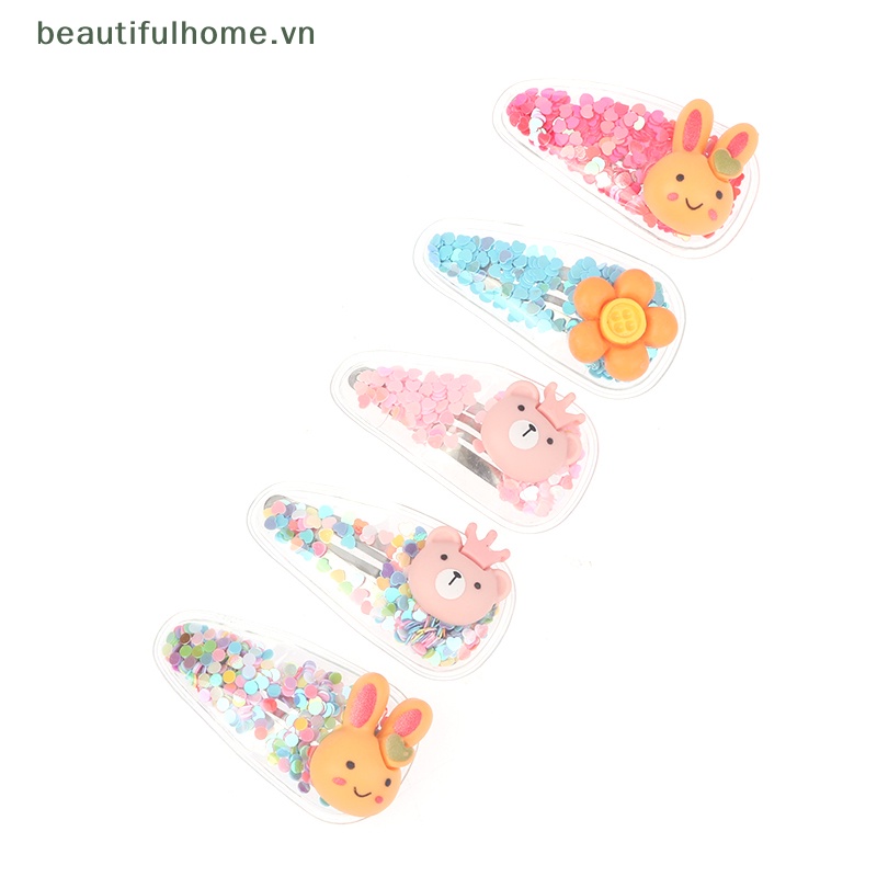 [beautifulhome] Set 5 Kẹp Tóc Mái Bên Họa Tiết Động Vật / Trái Cây / Cát Lún Lấp Lánh Dễ Thương [beauty]