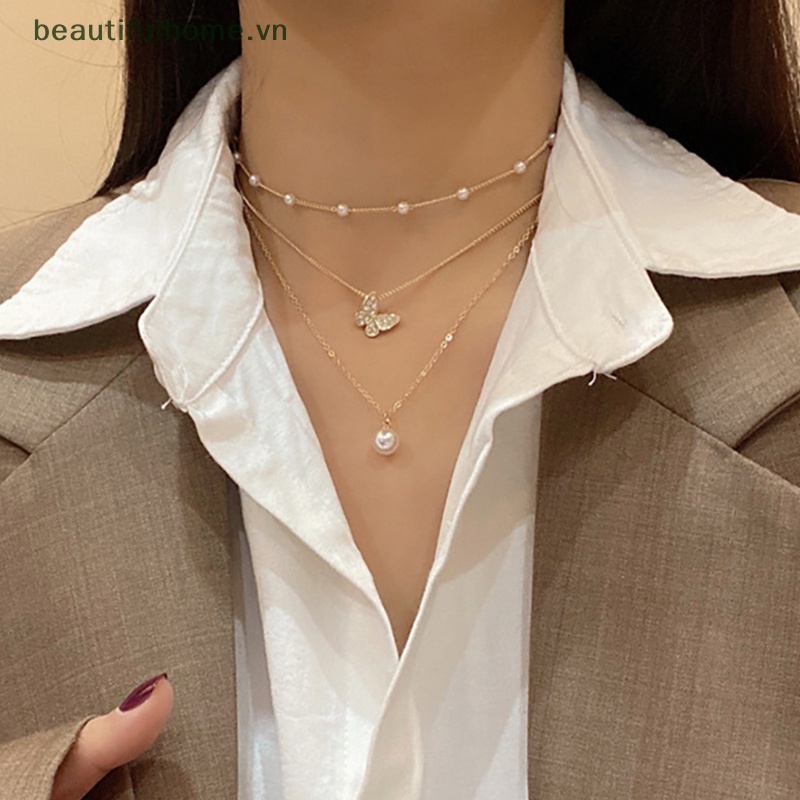 [beautifulhome] Vòng Cổ Choker Nhiều Lớp Mặt Hình Bướm Và Ngọc Trai Trang Nhã Dành Cho Nữ [beauty]