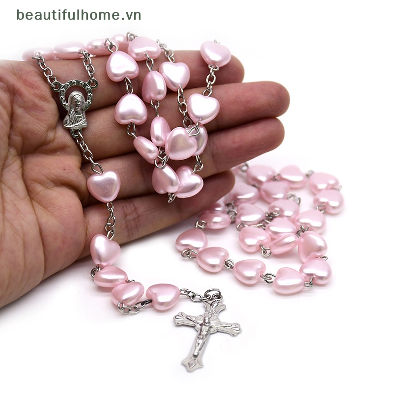 [beautifulhome] Vòng cổ Chuỗi Hạt Mặt Thánh Giá Màu Hồng Thời Trang [beauty]