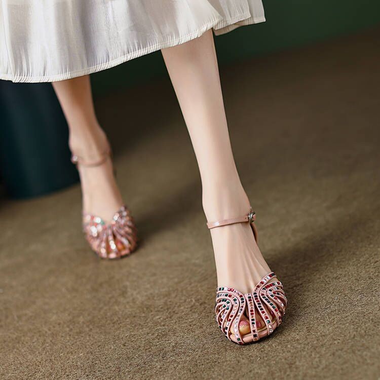 Duoya Giày Sandal Cao Gót Dày Hở Ngón Bằng Da Mềm Khoét Rỗng Đính Đá Thời Trang Cho Nữ Miễn Phí Vận Chuyển