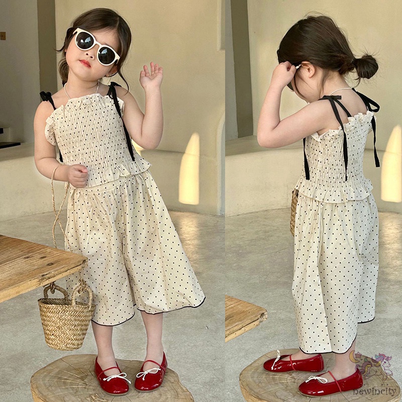Bộ Áo Hai Dây Chấm Bi + Quần Dài Lưng Thun Ống Rộng Thời Trang Mùa Hè Hàn Quốc Cho Bé Gái