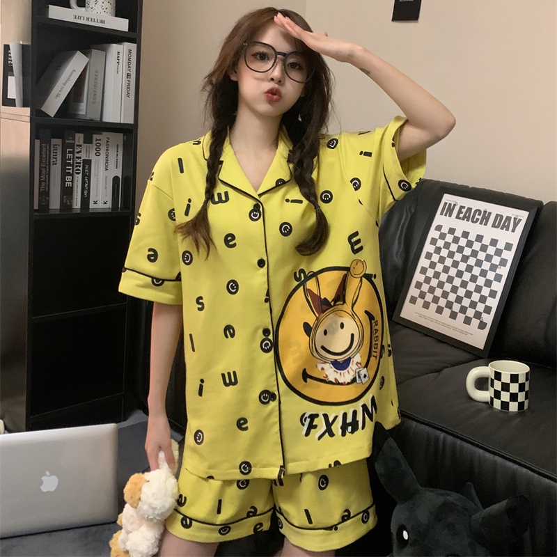 Bộ Đồ Ngủ Tay Ngắn In Họa Tiết Hoạt Hình Mặt Cười Phong Cách Hàn Quốc Thời Trang Mùa Hè Cho Nữ