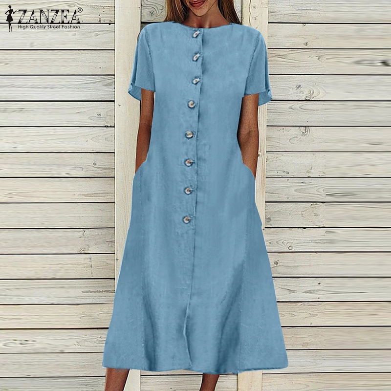 Zanzea Đầm Ngắn Tay Cổ Tròn Form Rộng Phong Cách Cổ Điển Dành Cho Nữ