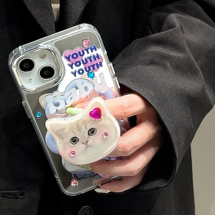 Ốp Điện Thoại Mềm Chống Sốc Tráng Gương In Hình Mèo Hoạt Hình Dễ Thương Có Giá Đỡ Cho iPhone 14 13 12 11 Pro Max 14 Plus