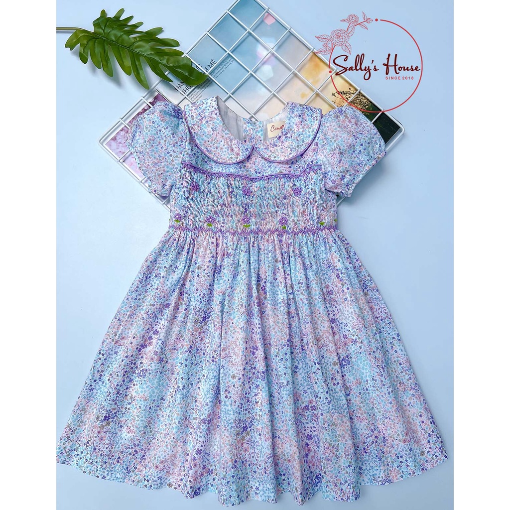 Đầm bé gái thêu hoa, chất vải cotton mềm min, cổ sen, tay búp.