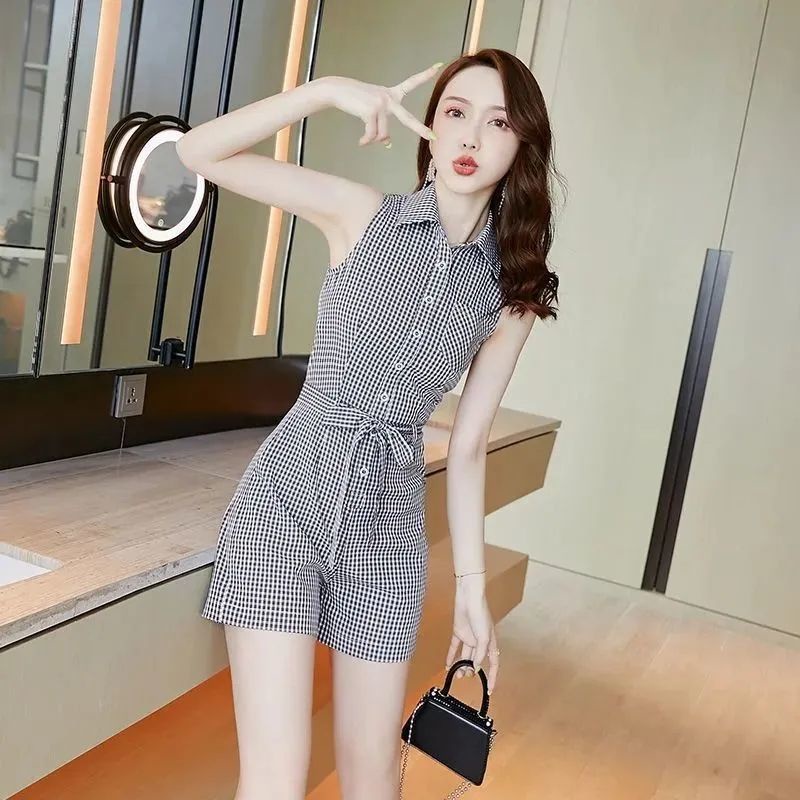 Áo Liền Quần Lưng Cao Ống Rộng Họa Tiết Kẻ Sọc Phong Cách Hàn Quốc Thời Trang Mùa Hè 2023 Mới